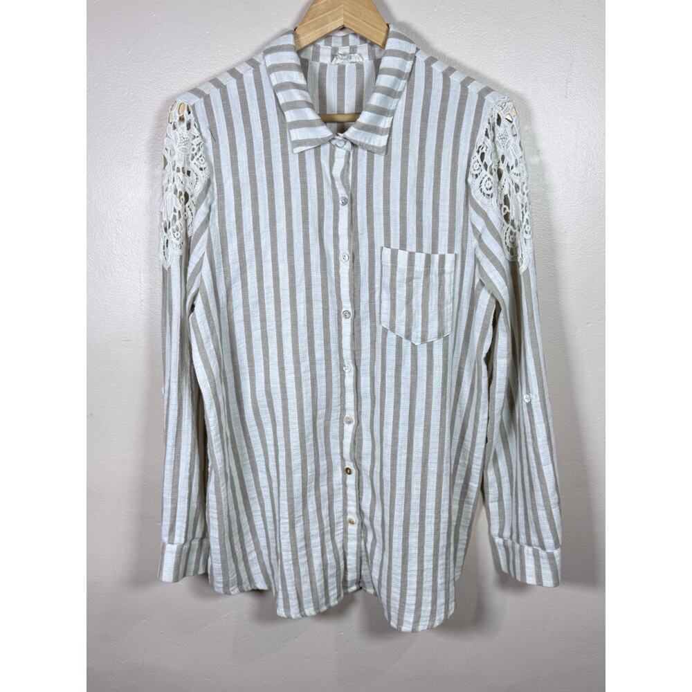 Oddi Womens Button Down Shirt Slub Knit Cotton Crochet XL Boho Beach Coastal